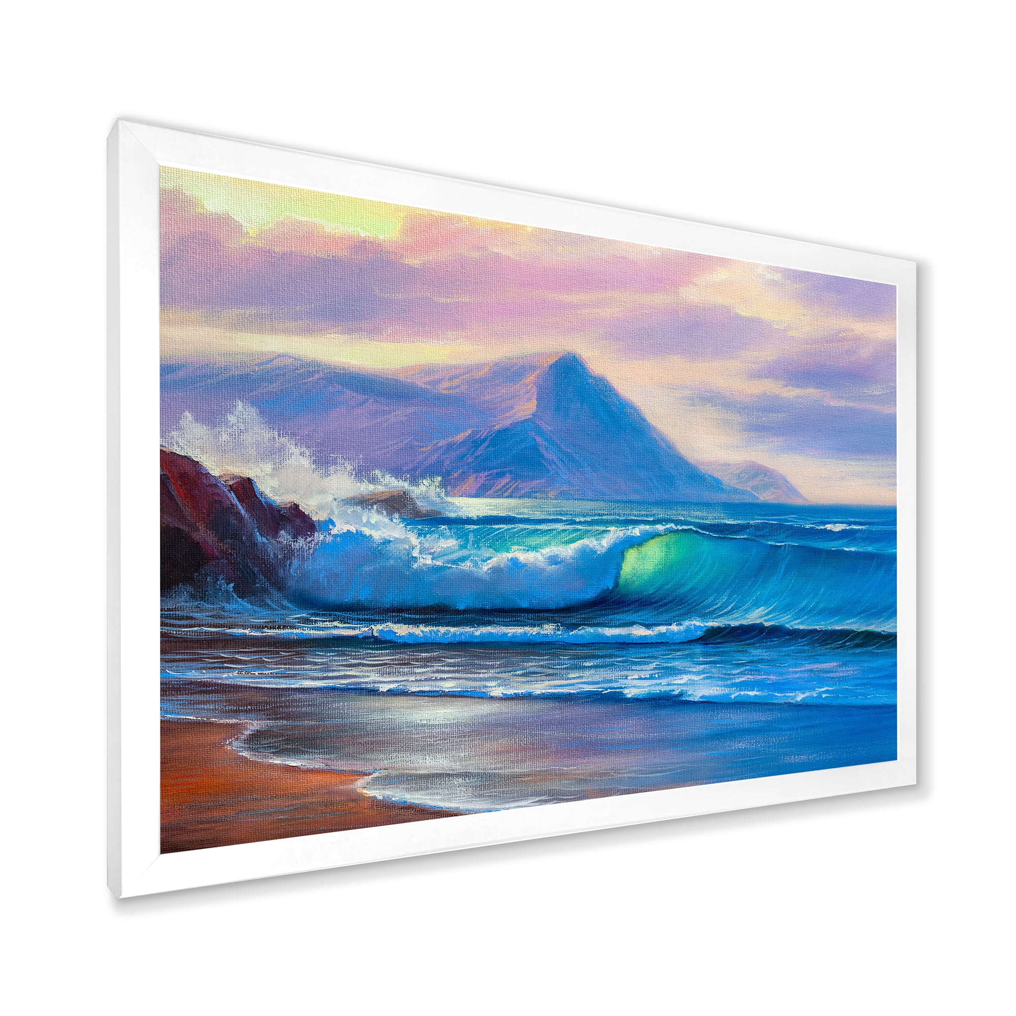 Designart 'Blue Waves Breaking At The Beach Landscape I' Nautical & Coastal Framed Art Print