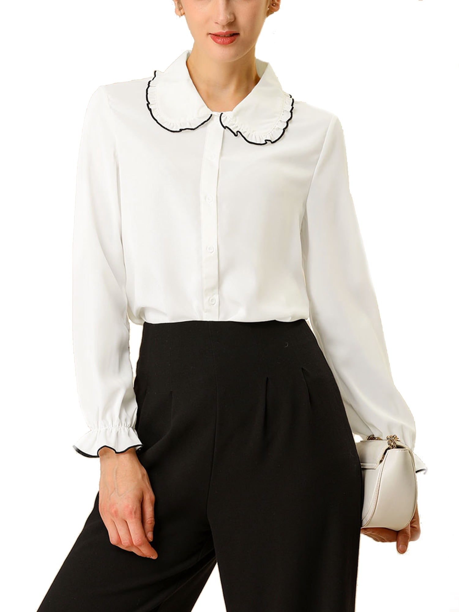 DARING DIVA Women's Peter Pan Collar Ruffle Long Sleeve Shirt M White