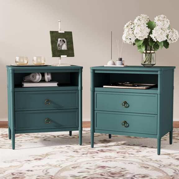 ZOSQUARE Nightstand Set of 2, Mid Century Modern Night Stand with 2 Drawers and Open Shelf, Green Bedside End Table for Bedroom
