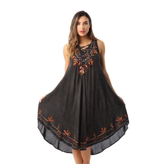 Riviera Sun Acid Wash Lace Up Embroidered Dress for Women (Black, Large)