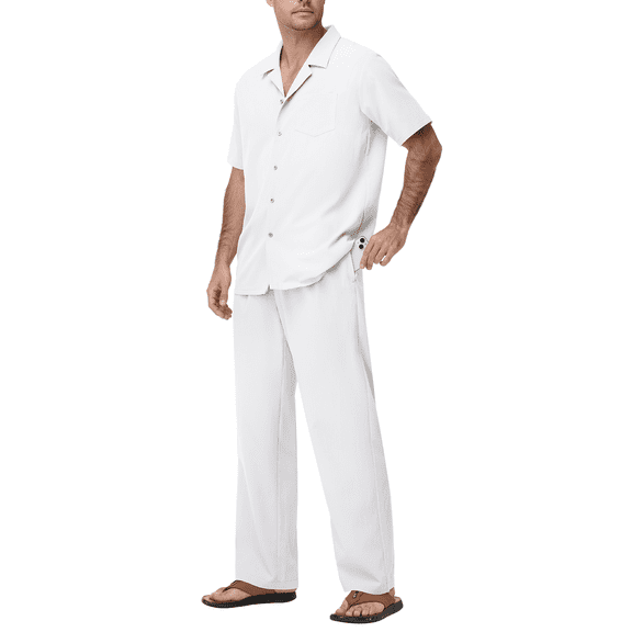 Men's 2 Piece Outfit Summer Beach Button Down Shirt Pants Casual Set White L