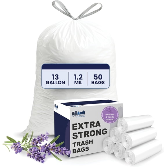 13 Gallon White Drawstring Trash Bags │ 1.2 Mil │ Lavender and Soft Vanilla Scented Garbage Can Liners │ 24" x 31" (50 Count)