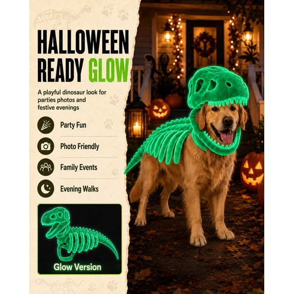 Pet Dinosaur Costume, Soft Plush T-Rex Skeleton Halloween Costume for Dogs Glow-in-the-Dark