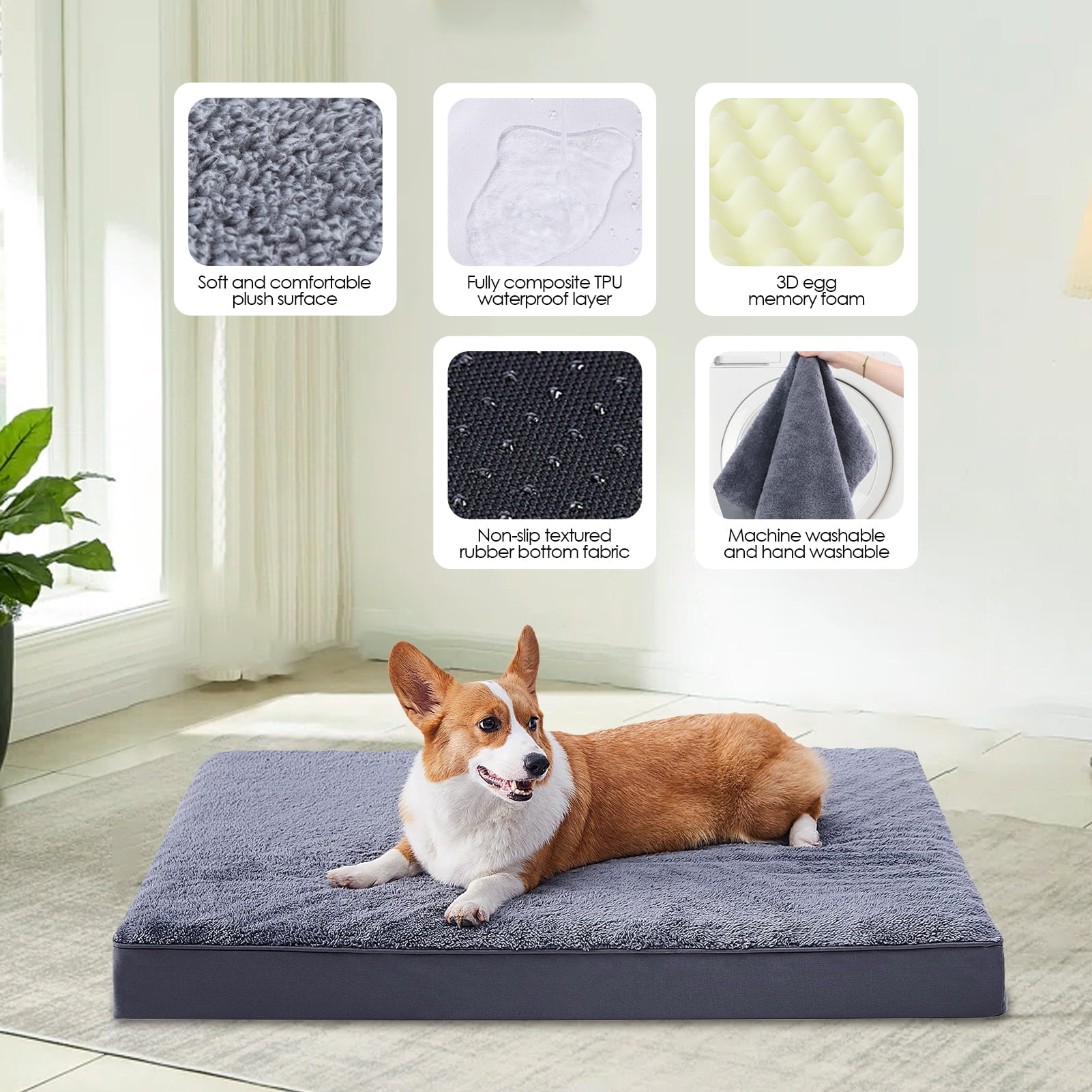 Orthopedic Dog Bed with Waterproof Removable Cover, Non-Slip Bottom, Washable Plush Crate Mat for Small & Medium Dogs, Senior Pets