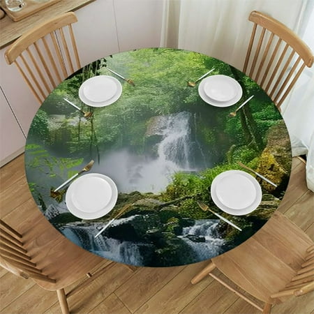 

Patifu Waterfall Rocks Forest Round Table Cover Stain Resistant & Washable for Indoor Outdoor Tablecloth Kitchen Dining Wedding Parties 100% Polyester Waterproof Fabric 54 -58