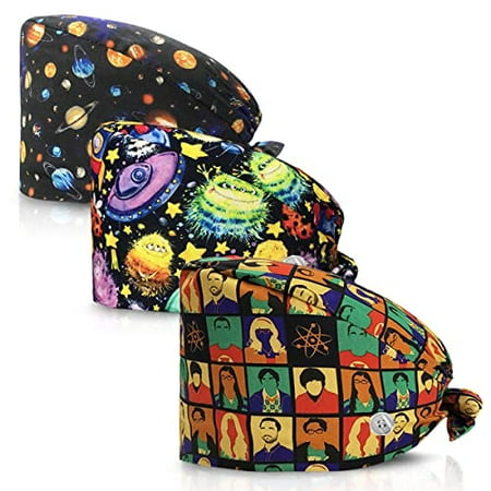 

Cartoon Print Scrub Hats Adjustable Working Caps with Button for Women & Men Hospital Doctor Beautician Nursing Hair Cap (3PCS-1)