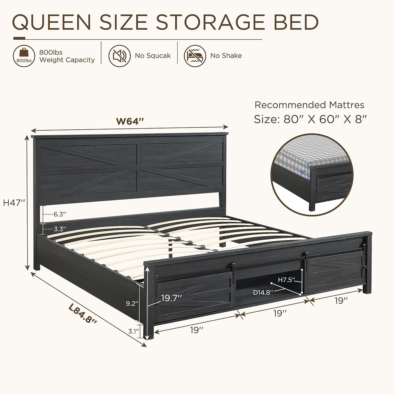 T4TREAM Farmhouse Black Queen Size Platform Bed Frame with Headboard and 3 Barn Door Storage Cabinets, No Box Spring Needed, Mattress Not Included
