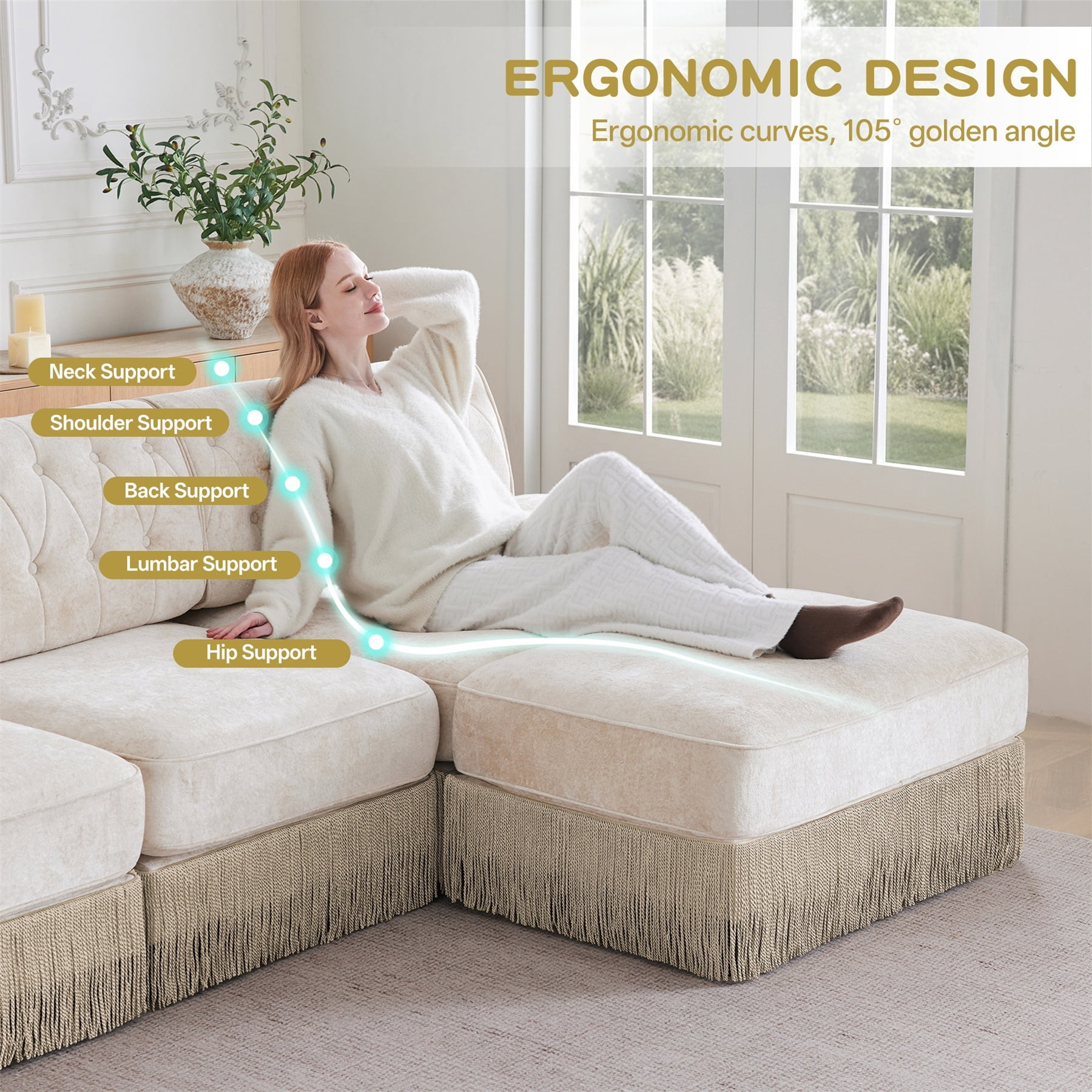 Alvantor L-Shaped Sectional Sofa 3-Seater Cloud Couch with Tassel Skirt,Button Tufted and Wooden Base for Living Room, Easy Assembly Beige