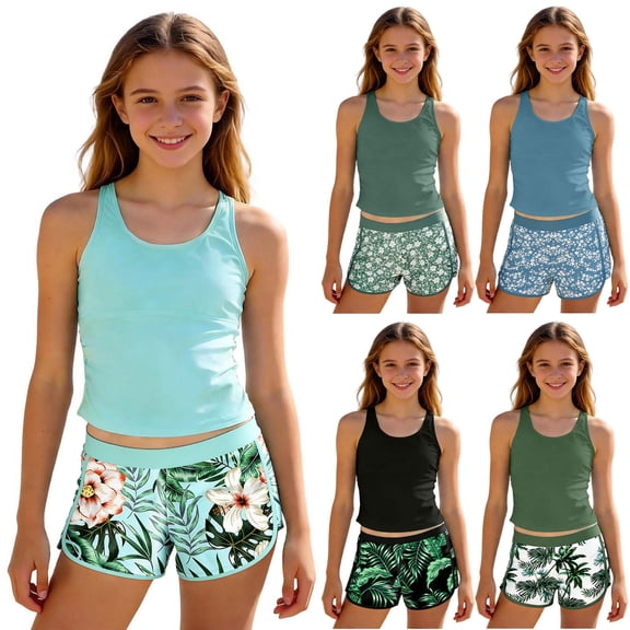 Pandaie Girls 3 Piece Bathing Suit Summer Racerback Swimsuit Square Neck Tee Tops Tankinis Set Girls' Swimwear with Print Shorts 9-10 Years Black