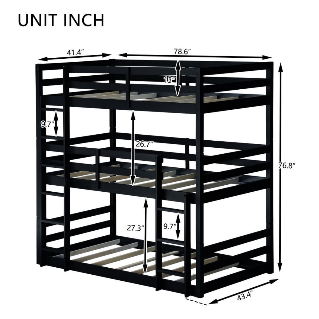 Triple Twin Bunk Bed, Rubber Wood Twin Over Twin Over Twin Bunk Bed with 2 Built-In Ladders & Guardrails, Detachable 3 Twin Beds, Black
