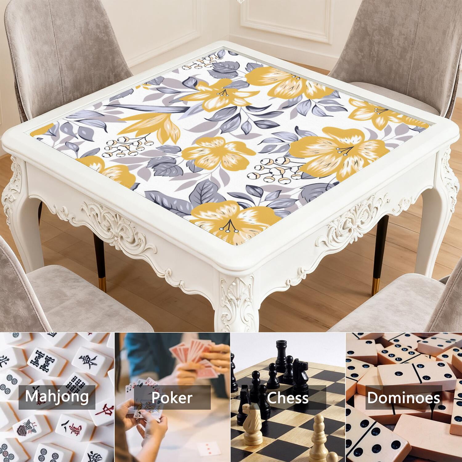Decorative Floral Rubber Game Room Mat, Extra Large 31.5x31.5 Inch Mahjong Table Topper with Anti-Skid Bottom for Stability and Quiet Tile Play