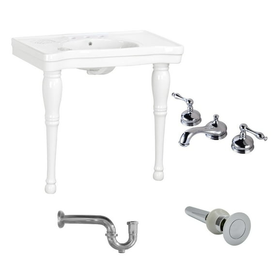 Console Sink White Porcelain with Hardwood Leg, 8" Faucet and P Trap