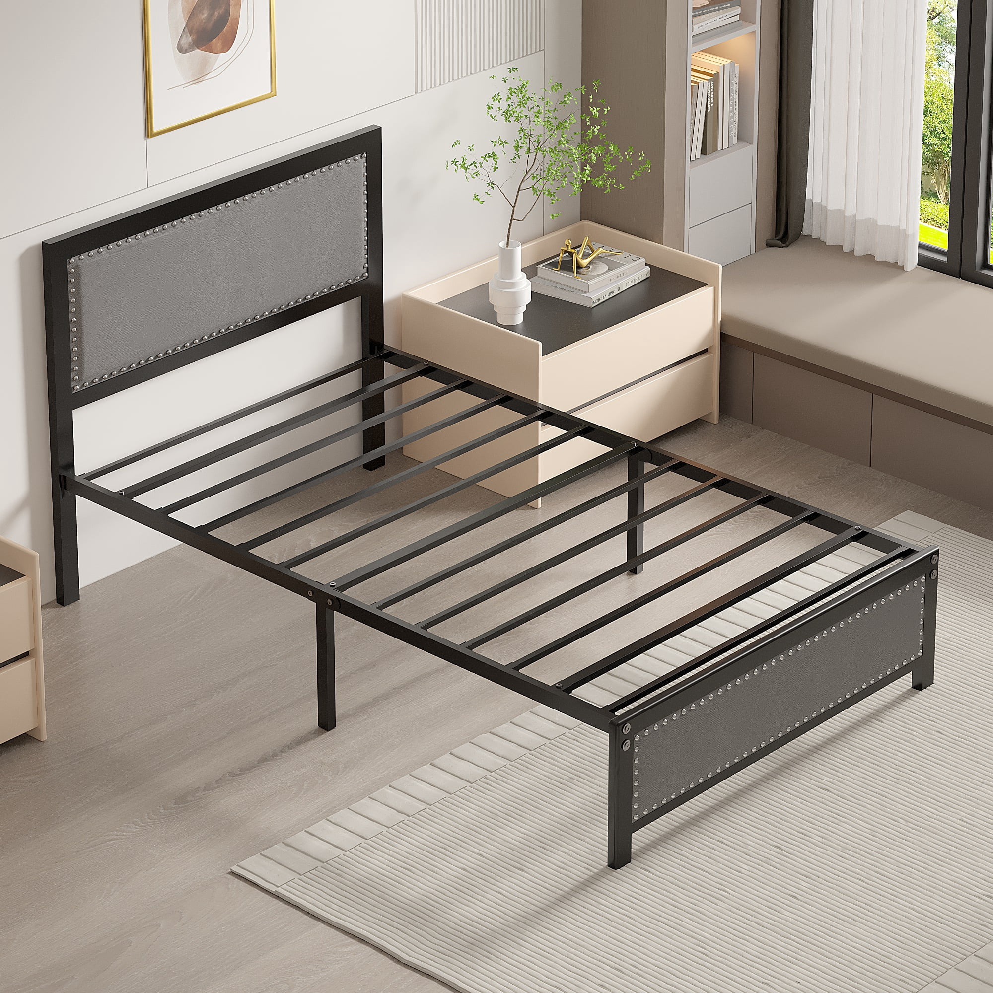 VECELO Twin Size Bed Frame Metal Platform Bed with Upholstered Headboard, No Box Spring Needed, Gray
