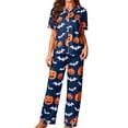 thumbnail image 3 of FASHOFT Womens Halloween Pajamas Set Ghost Pumpkin Print Silk Satin Long Sleeve Button Down Shirts Pants Pj Sets Cute Funny Lounge Set Blue XL, 3 of 7