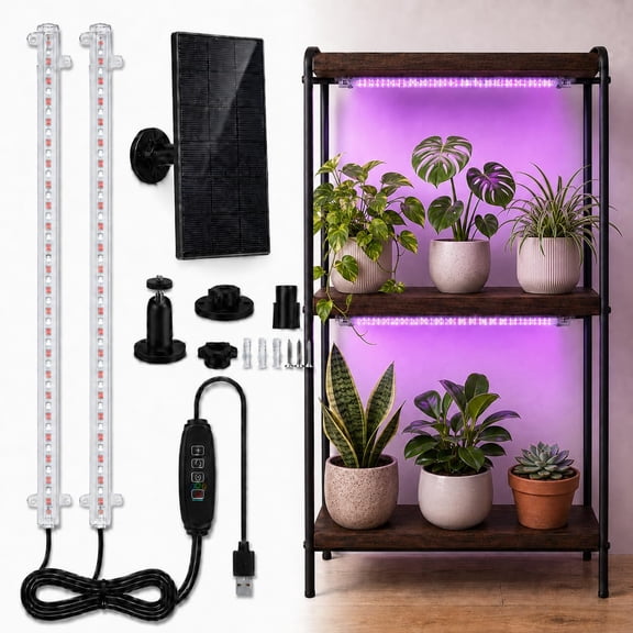 Solar Grow Light Bars for Plants, 2-Pack 13 Inch Full Spectrum Growing Plant Lights for Indoor Outdoor, Waterproof, Timer, for Balcony, Plant Stand, Greenhouse