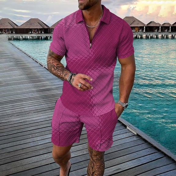 Vedolay Casual Short Sets For Men Mens 2 Piece Sets Short Sleeve Tee & Shorts Set Jogging Tracksuits Sweat Outfit,Pink XXL