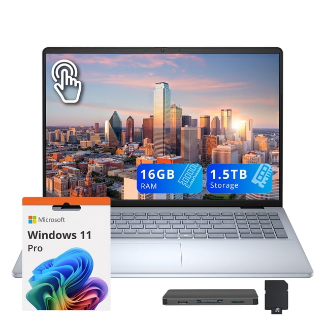 Dell Portable à Écran Tactile 16 Pouces FHD+, Intel Core 7 150U, 16 Go de RAM, Stockage 1,5 To (SSD 512 Go + Station d'Accueil 1 To), Intel UHD Graphics, Clavier Rétroéclairé, Lecteur d'Empreintes Digitales, Win 11 Pro, Bleu Glace