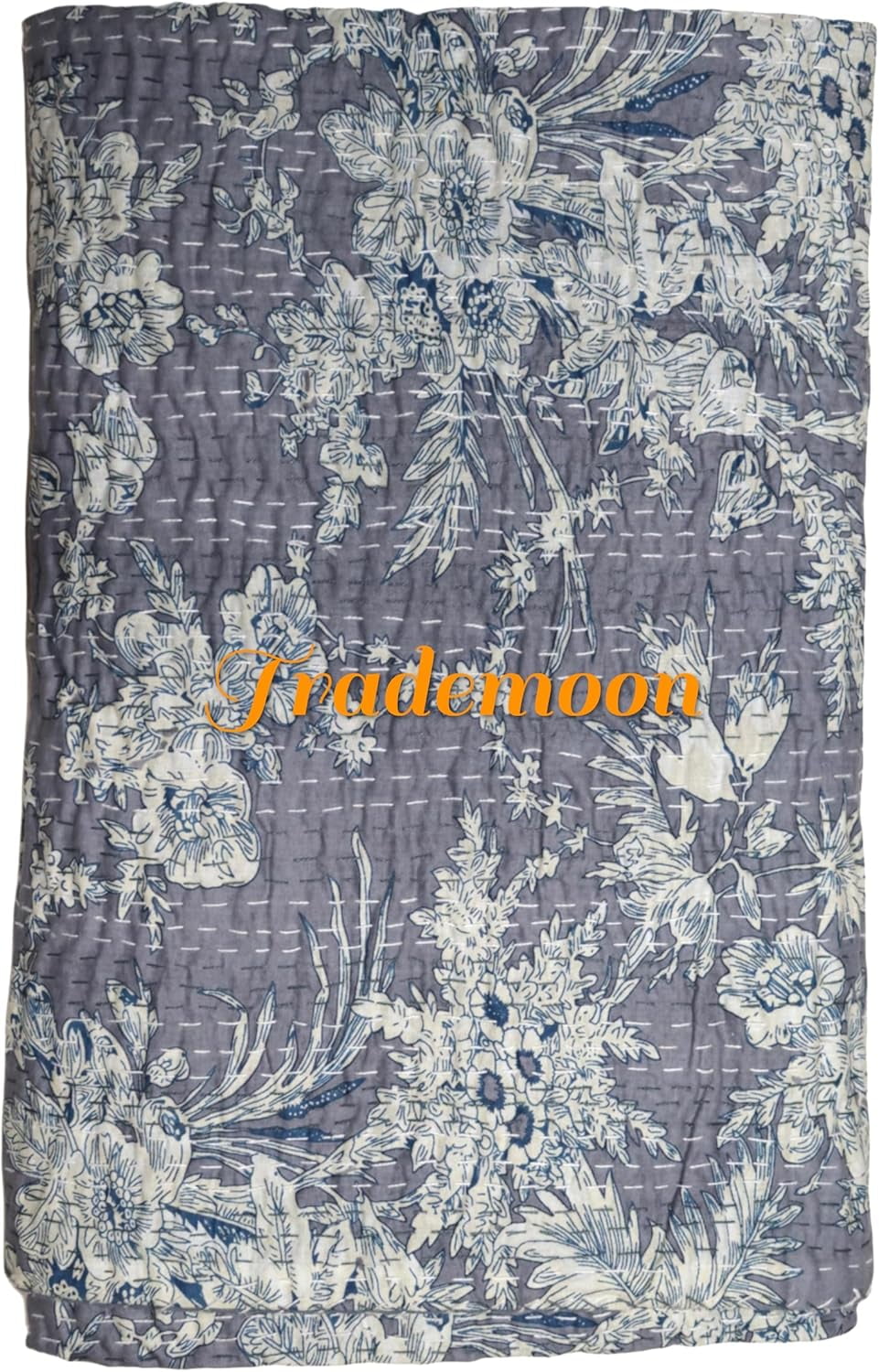 Indian Vintage Floral Kantha Quilt, Gray Cotton Bedspread with White Stitched Pattern, Kantha Gudri (Twin Size - 60" x 90")