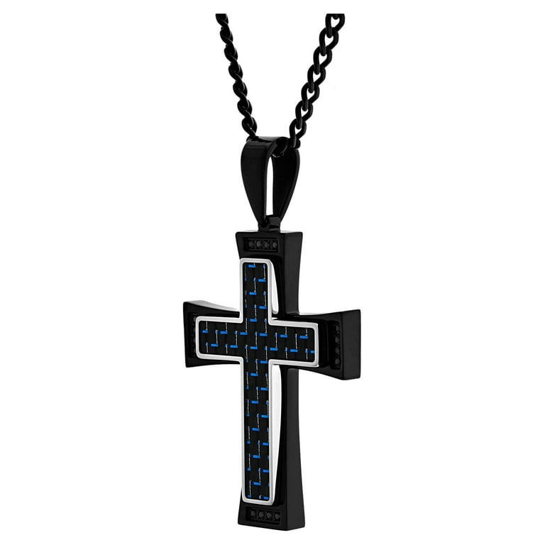 Men's Two-Tone Black Stainless Steel Carbon Fiber Cross Pendant
