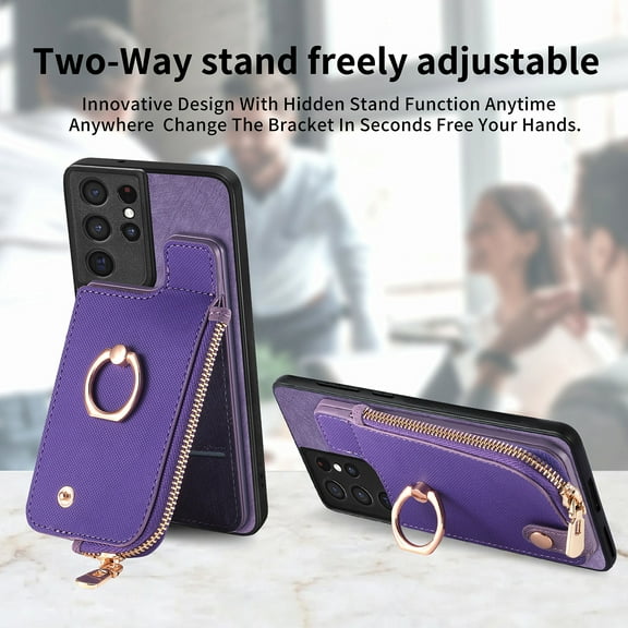 TECH CIRCLE Case for Samsung Galaxy S21 Ultra (6.8-inch) - Practical Wallet Phone Case [Built-in Zipper Pocket & Card Slot] Protective Leather Cover with [Kickstand / Phone Ring Holder], Purple