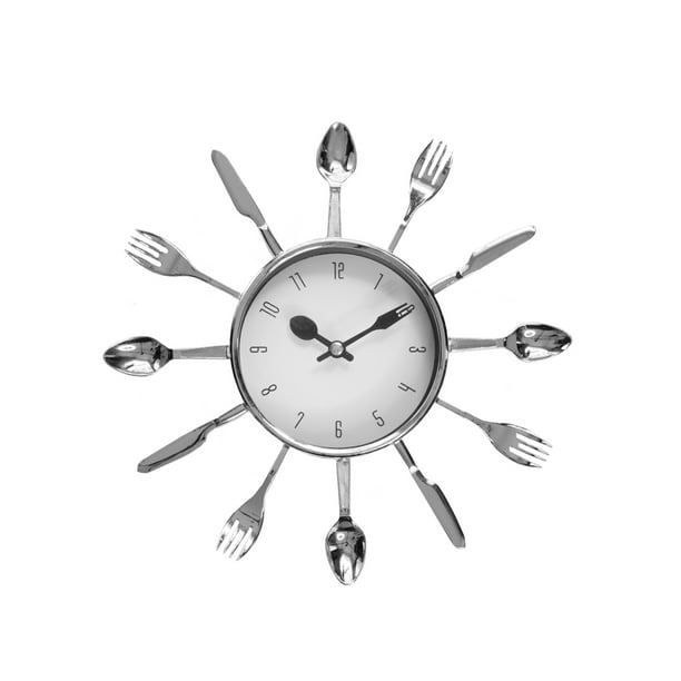 Reloj de Pared de Cocina QZ con utensilios Plata con fondo Blanco