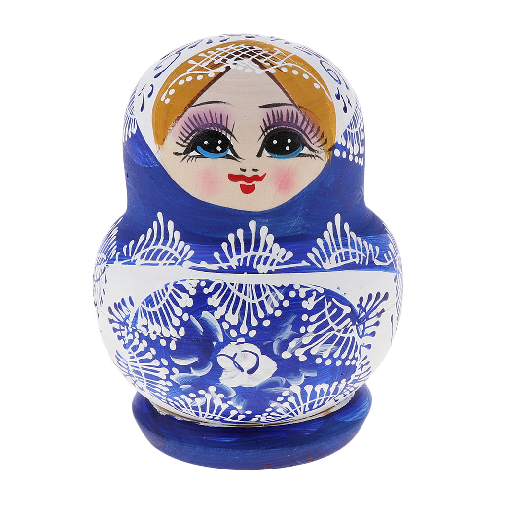 10Pcs Wood Russian Matryoshka Nesting Dolls Blue Hand Paint Gift Decor Healthy 