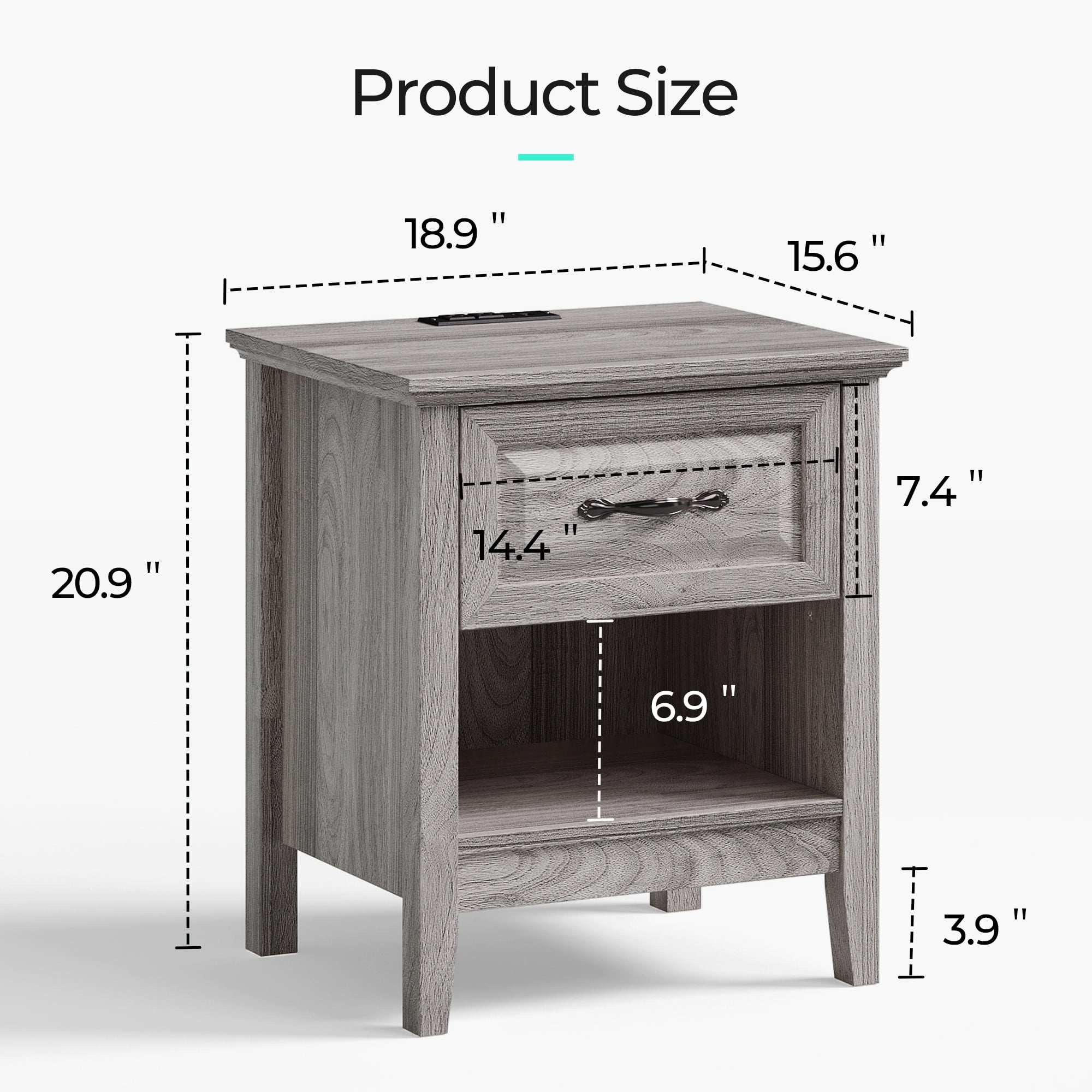 Linsy Home Nightstand for Bedroom set of 2 with Charging Station, Farmhouse End Tables for Living Room set of 2 with Drawer, Grey
