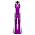 thumbnail image 3 of Aislor Women's Retro Disco Dance Costume Contrast Color Lapel V Neck Bell Bottom Romper Clubwear Purple XXL, 3 of 7
