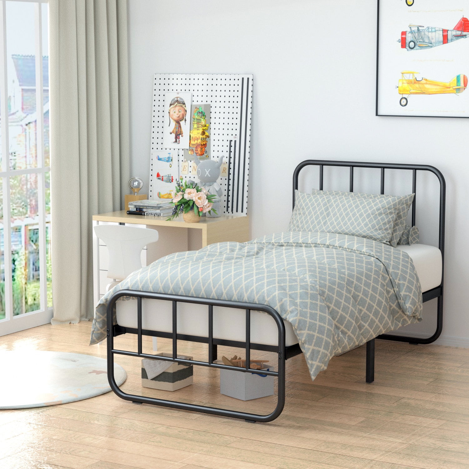 VENI Metal Bed Frame with Headboard Easy to Assemble, Twin