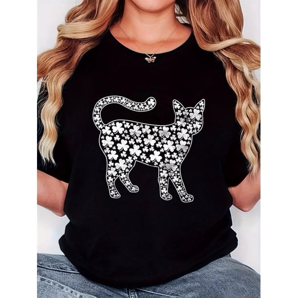 Women'S T-Shirt, Directional St. Patrick'S Day "Clover Cat White" Print, Retro Minimalist Fashion, Round Neck, Casual Comfort, Sports Short Sleeve T-Shirt