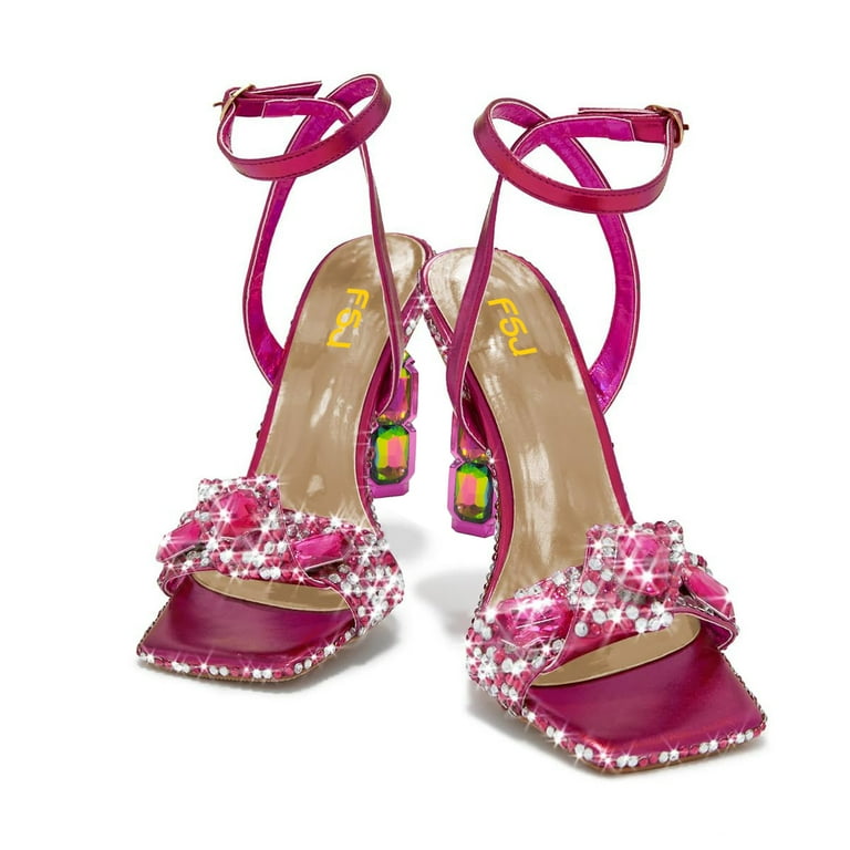 FSJ Women Diamond Heel Sandals Square Open Toe Ankle Strap Jewel