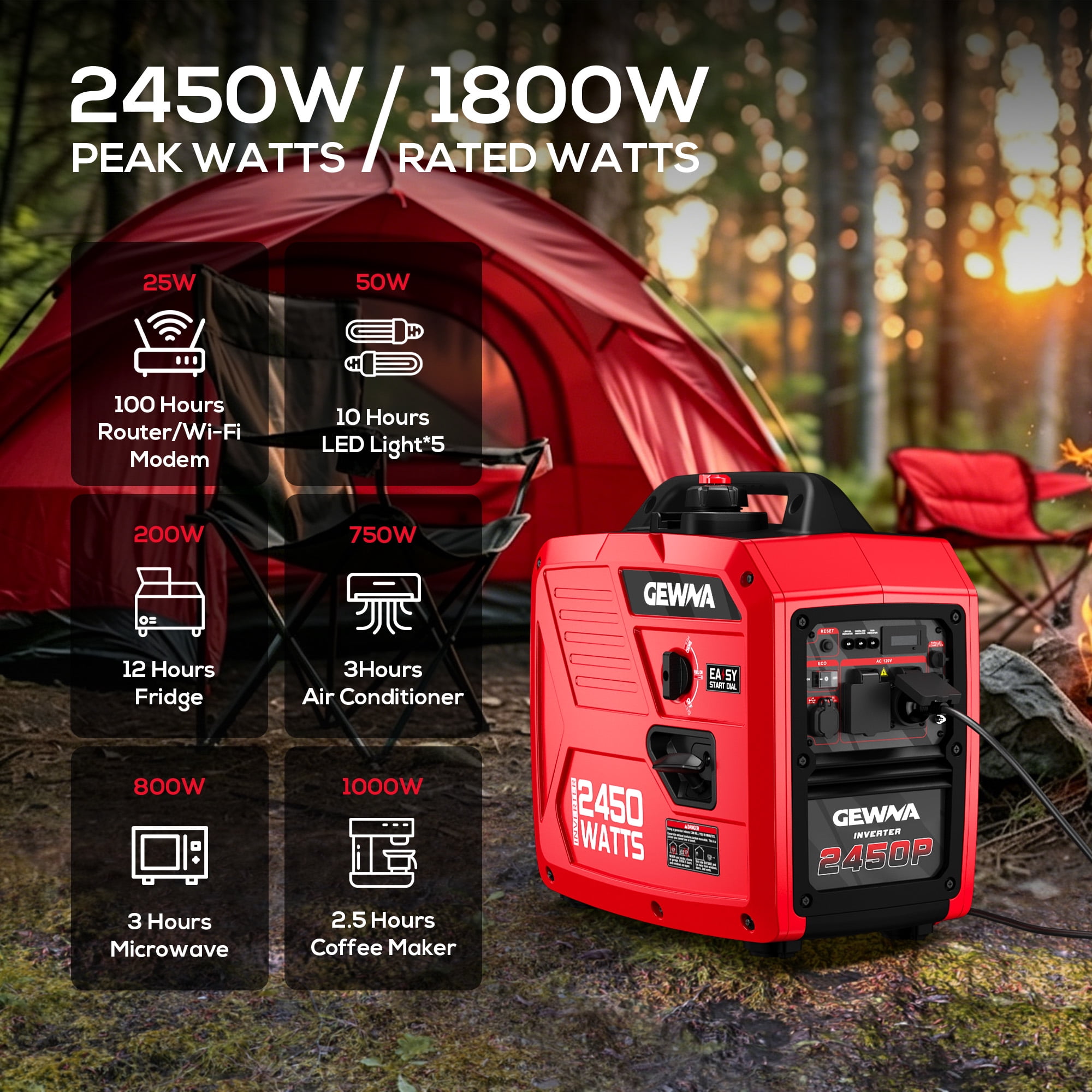 Gewna 2450W Portable Inverter Generator - Gas Powered,Ultra Quiet for RV, Camping, Home Backup,1.6 Gallon Large Fuel Tank Red