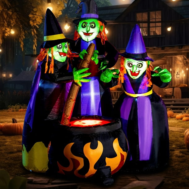 Joiedomi Inflables de Halloween de 6 pies de alto, tres brujas alrededor del caldero con luz de llama, decoración inflable para patio, inflables con LED incorporados para fiestas de Halloween, decorac