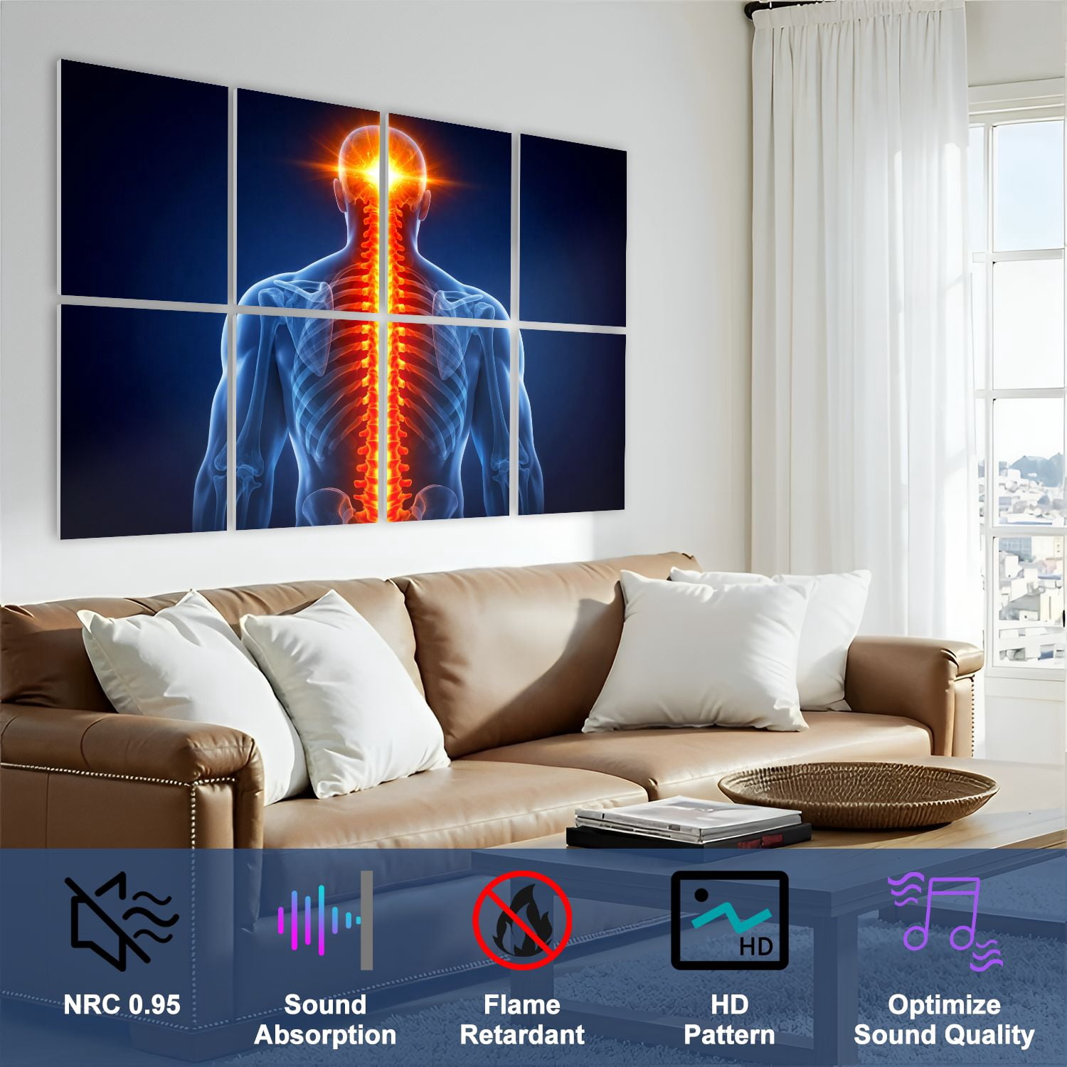 Medical 8 Pack Art Acoustic Panels Sound Absorbing Glowing Human Spine Anatomy Radiant Nervous System Skeletal Structure Decorative Soundproof Wall Panels Self Adhesive for Classroom Hospital 48"x32"