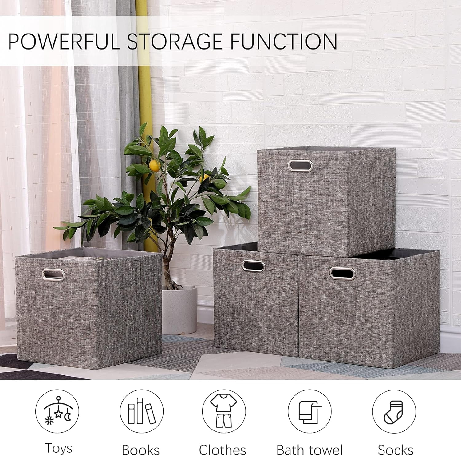 Cube Storage Bins 13×13 Linen Foldable Box with Handles, Collapsible Organization Basket Set of 4 Large Capacity Drawer for Closet Shelf Cabinet Bookcase Bedroom, Light Coffee