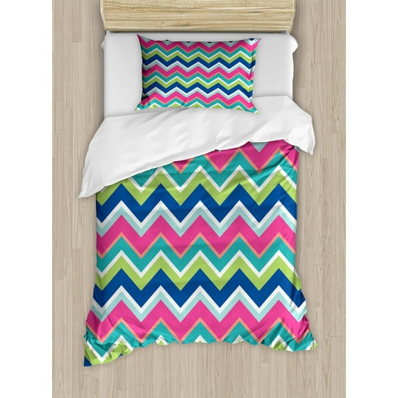 Colorful Duvet Cover Set Twin Size, Vintage Inspirations Colorful Chevron Pattern Abstract Angled Lines Herringbone, Decorative 2 Piece Bedding Set with 1 Pillow Sham, Multicolor, by Ambesonne