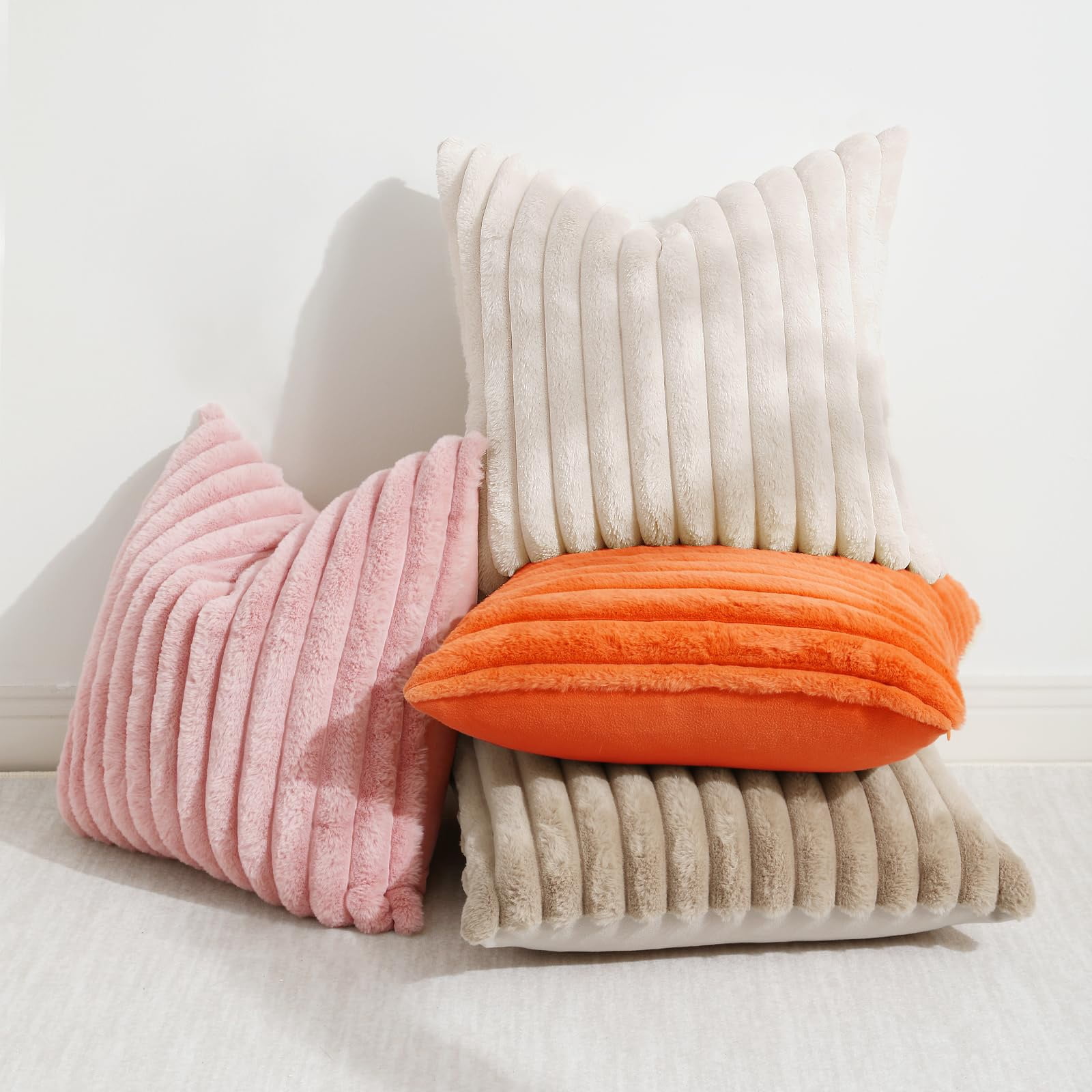 decorUhome Pack of 2 Faux Fur Plush Throw Pillow Covers 26x26, Soft Fluffy Striped Decorative Couch Pillow Covers , Beige