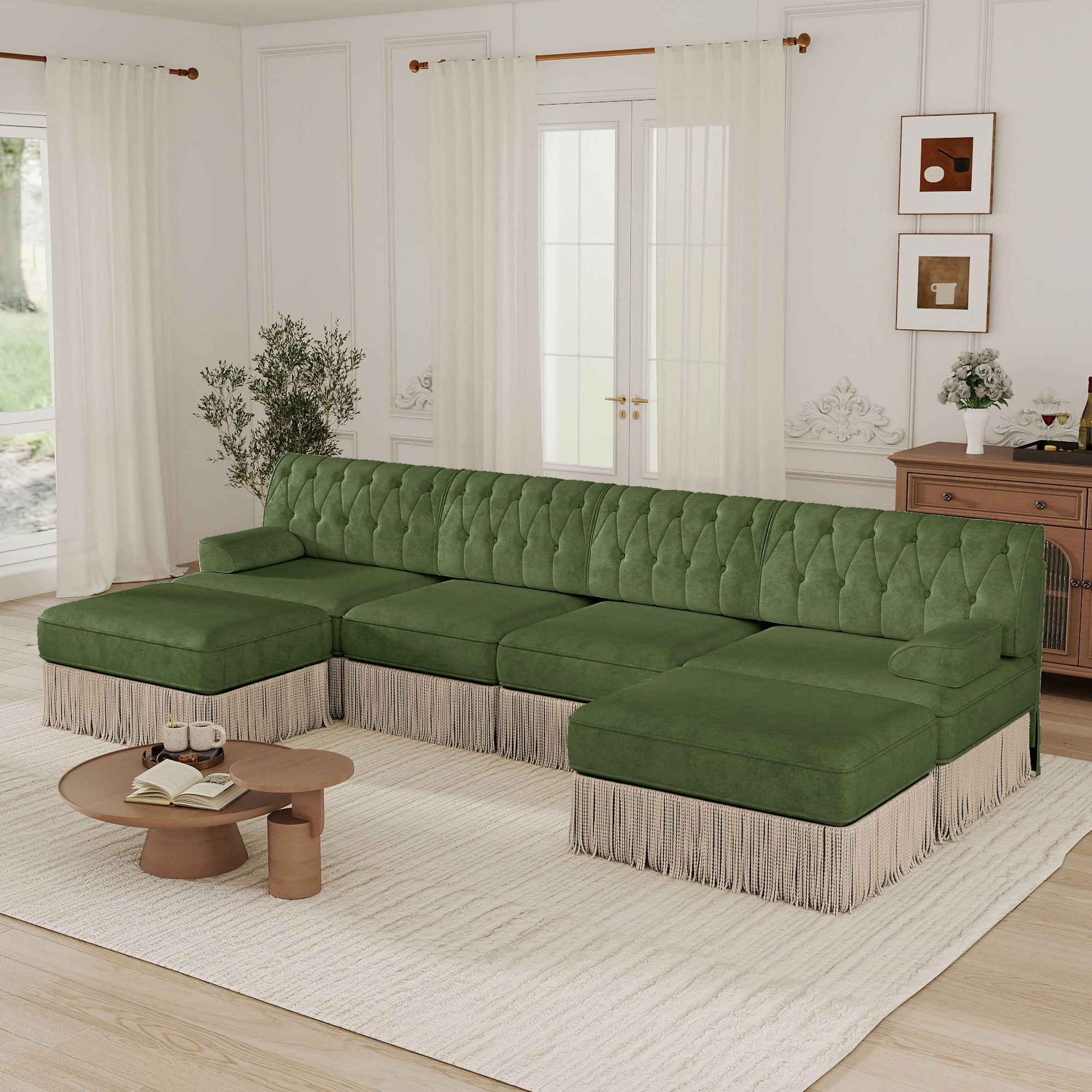 MAYEERTY Cloud Chesterfield Sectional Sofa, 4-Seater Modular Couch with Tassel & 2 Ottomans, Solid Wood Base for Living Room Bedroom
