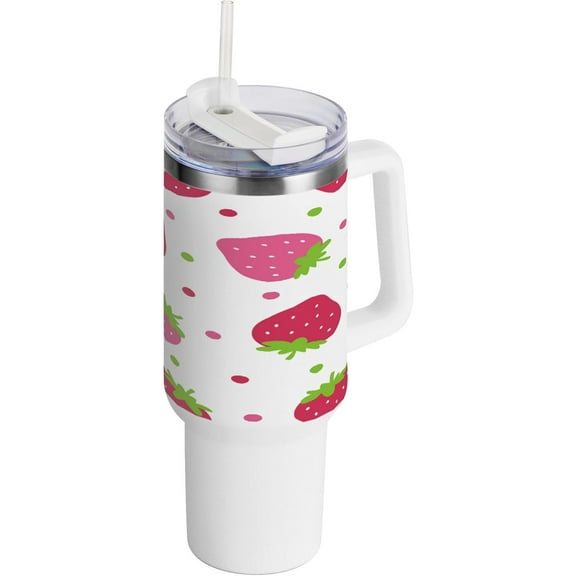 SKYSONIC 40 oz Cute Strawberry Tumbler with Handle and Straw Lid, Insulated Cup Reusable Stainless Steel Water Bottle Travel Mug