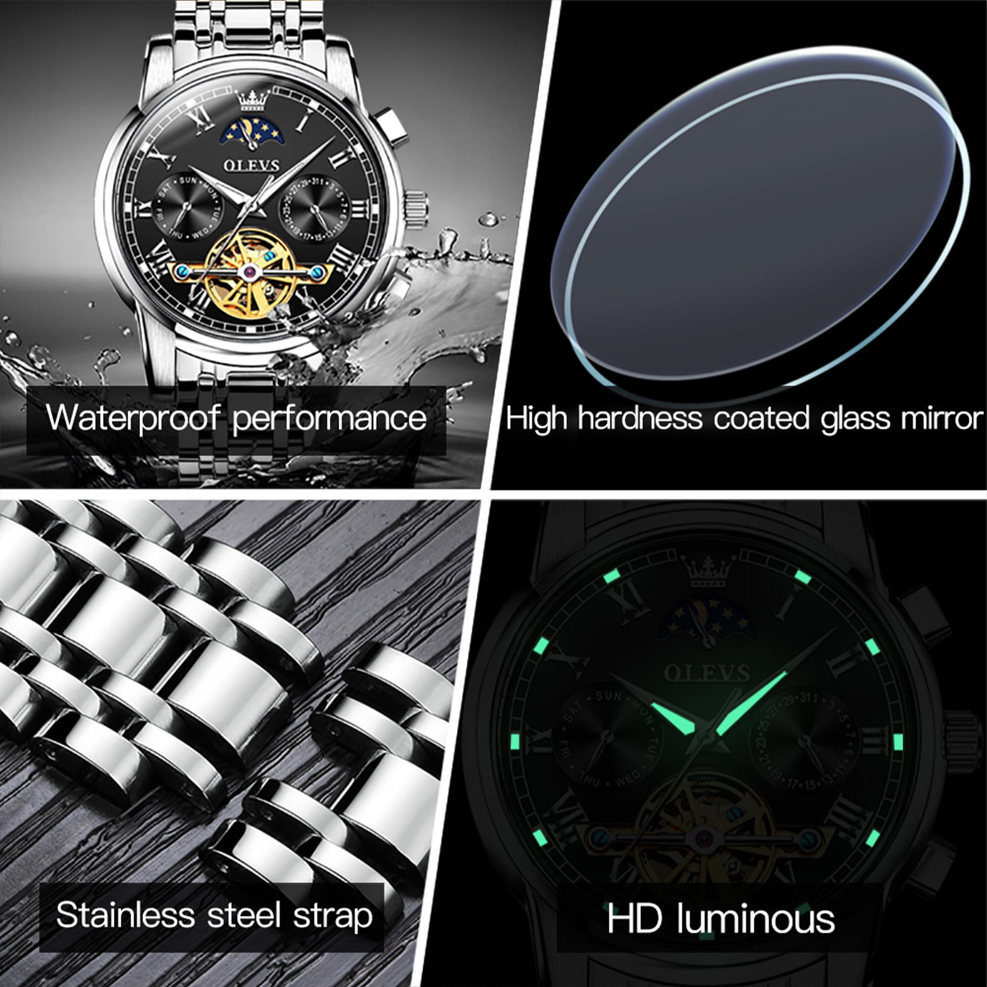 OLEVS Automatic Watches for Mens Skeleton Mechanical Self Winding Luxury Dress Mens Stainless Steel Watches Moon Phase Day Date Waterproof Luminous Reloj Para Hombre, Gifts for Men, Male 6617D