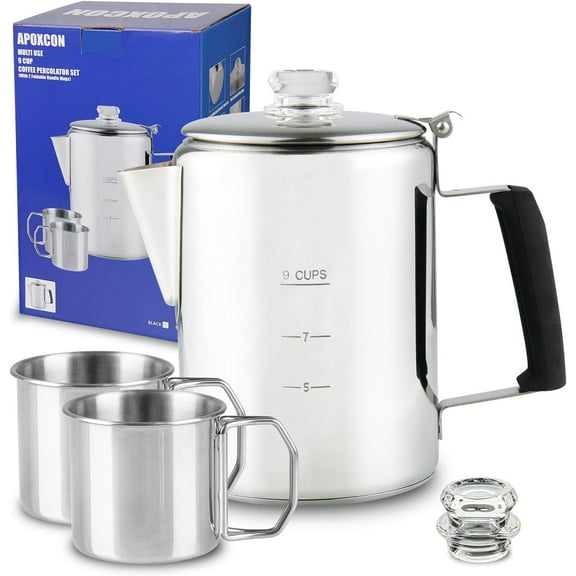 Multi Use 9 Cup Coffee Pot Bundle Coffee Percolator with 2 Mugs Stainless Steel Coffee Maker with Two Heat Resistant Borosilicate Glass Knob Fireproof Silica Handle Using on any Stovetop