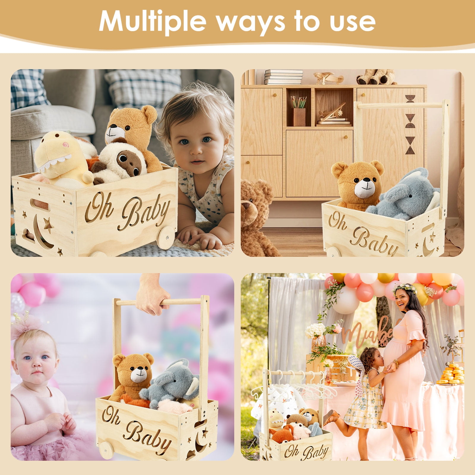 Wooden Baby Shower Crate Closet with Wheels Creative DIY Baby Shower Present Basket with 6 Hangers for Clothes Toys