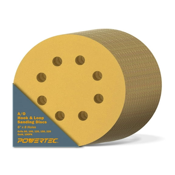 POWERTEC 100 PK 6"x 8 Holes, A/O Hook & Loop Sanding Disc | 80, 100, 120, 150, 220 Assorted Grits, Gold, 44201XG-100