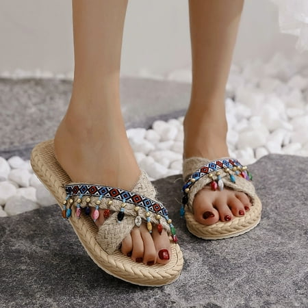 

PhoneSoap Spring And Summer Imitation Straw Woven Women Flat Sandals And Flip Flops Beach Slippers Blue