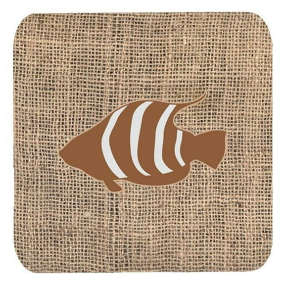 Fish Burlap And Brown Foam Coasters, Set Of 4