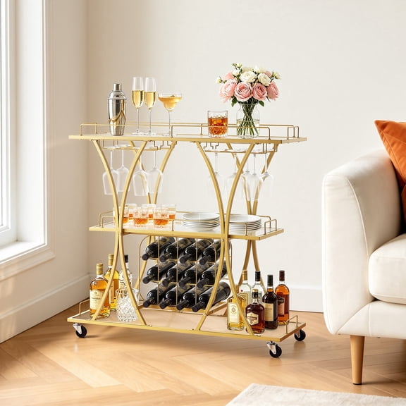 VEVOR Bar Cart, 3 Tiers Home Kitchen Serving Carts, Modern Rolling Utility Station on Wheels, Drink Beverage Trolley with Tempered Glass Shelves, Wine Rack, Glass Holder, for Living Dining Room, Gold