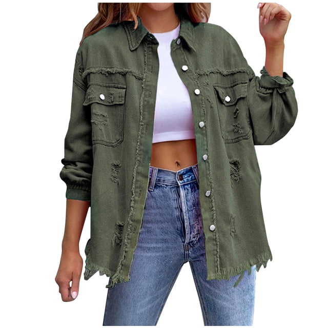 Yuyuzo Womens Denim Jackets Turndown Collar Long Sleeve Button Ripped Jean Coats Solid Color Tops with Pockets