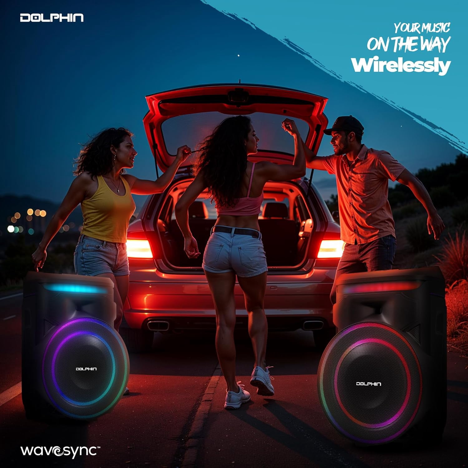 Dolphin SP-1800RBT 18" Portable Bluetooth Party Speaker – 100W RMS, Powerful 18" Woofer, LED Lights, WaveSync™, X-Bass, Rechargeable Battery, Bluetooth 5.1, 21" Tall – Perfect for Parties