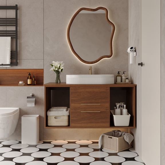 Vanity With Sink, Modern 39.4 Wall-Mounted Bathroom Vanity with Oval Ceramic Sink Floating Vanity Multi-Layer Solid Wood Cabinet Soft-Close Drawers Open Shelf Storage, White Walnut Bathroom Vanity