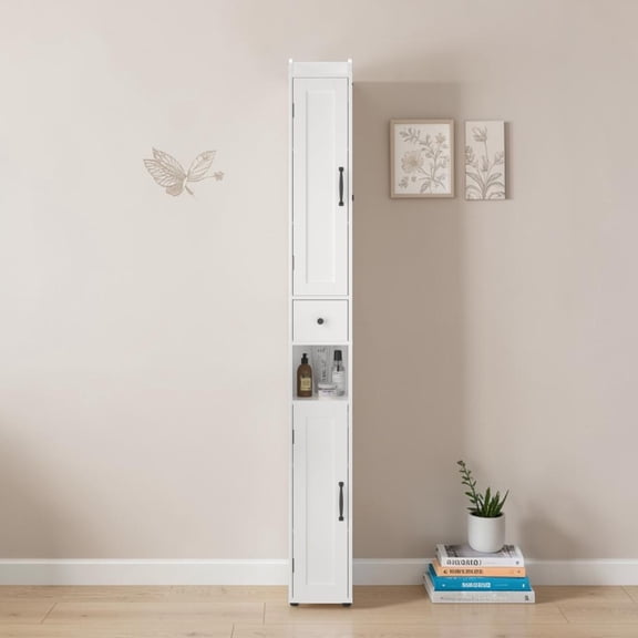 IVV Ultra-Slim Storage Cabinet | 67.5" Tall Narrow Tower Organizer with Reversible Doors, Adjustable Shelves Drawer, Open Compartment & Tissue Holder, for Compact Areas or Home Corners, White